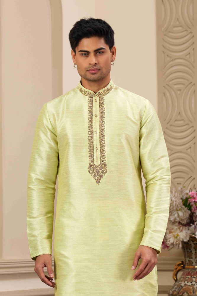Raivat Ethnic Banarasi Art Silk Hand Work Kurta Pajama In Pista Green Colour | Swadesiicart