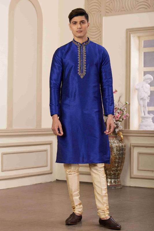 Raivat Ethnic Banarasi Art Silk Hand Work Kurta Pajama In Blue Colour | Swadesiicart