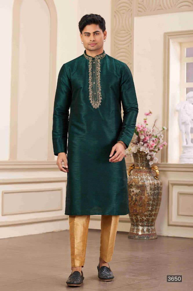 Raivat Ethnic Banarasi Art Silk Hand Work Kurta Pajama In Green Colour | Swadesiicart