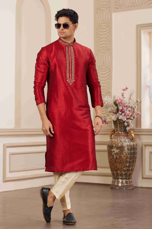 Raivat Ethnic Banarasi Art Silk Hand Work Kurta Pajama In Maroon Colour | Swadesiicart