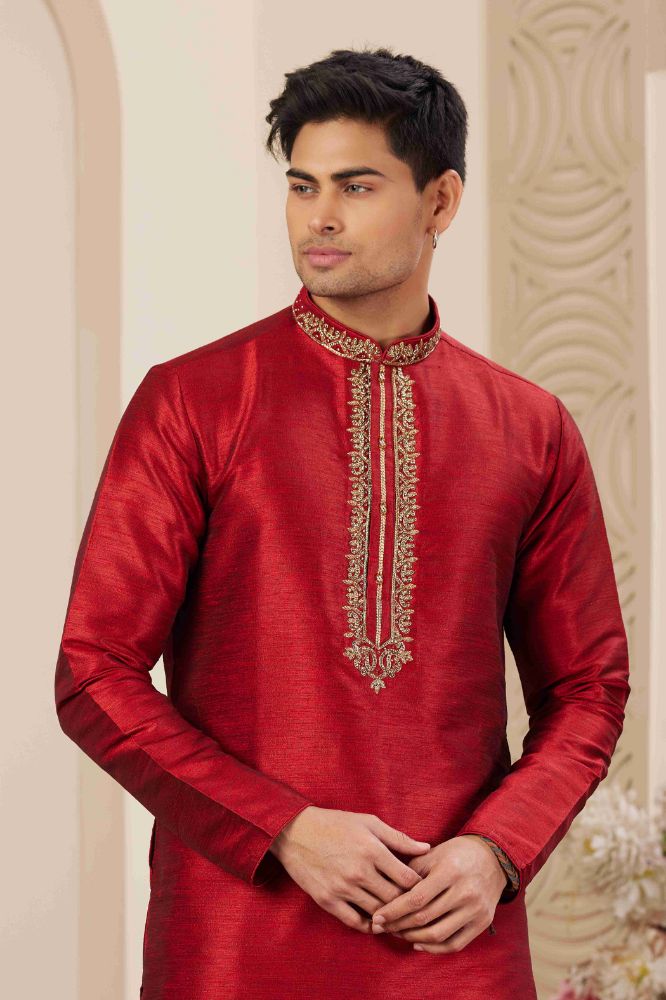 Raivat Ethnic Banarasi Art Silk Hand Work Kurta Pajama In Maroon Colour | Swadesiicart