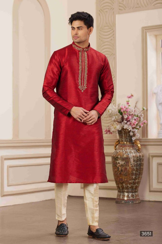 Raivat Ethnic Banarasi Art Silk Hand Work Kurta Pajama In Maroon Colour | Swadesiicart