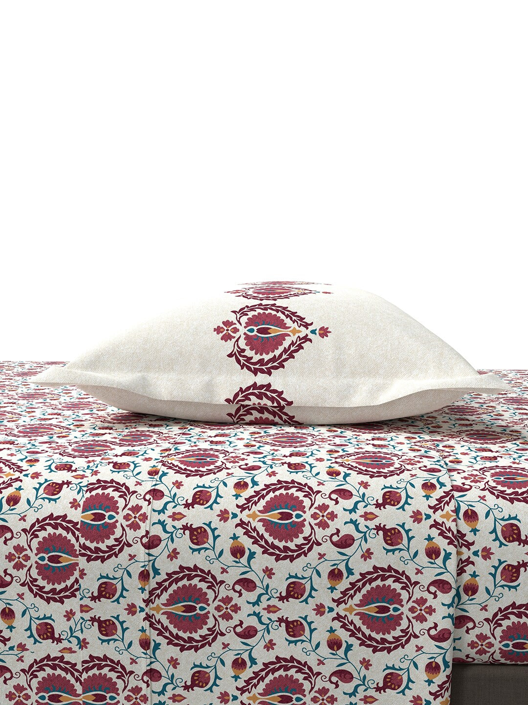 MYTRIDENT White Red Ethnic Motifs 144 TC Cotton Queen Bedsheet With 2 Pillow Covers - Swadesiicart