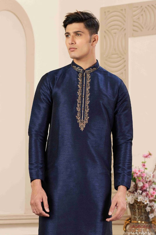 Raivat Ethnic Banarasi Art Silk Hand Work Kurta Pajama In Blue Colour | Swadesiicart