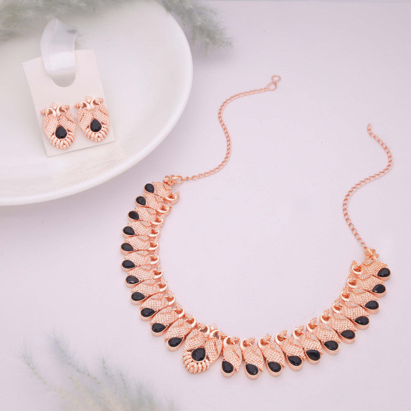 Tehzeeb Creations Rose Gold Black Colour Necklace With Pair Of Earrings - Swadesiicart