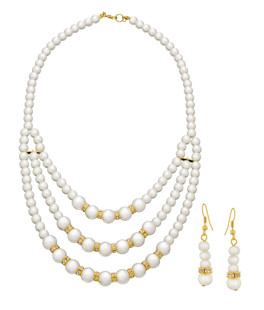 Gold-Polished Alloy Pearl Tripple Layer Necklace Set - The Pari - Swadesiicart