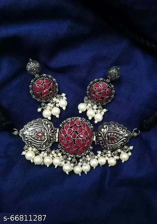 Tehzeeb Creations Women's Maroon Colour Meenakari Necklace Set With White Pearl - Swadesiicart
