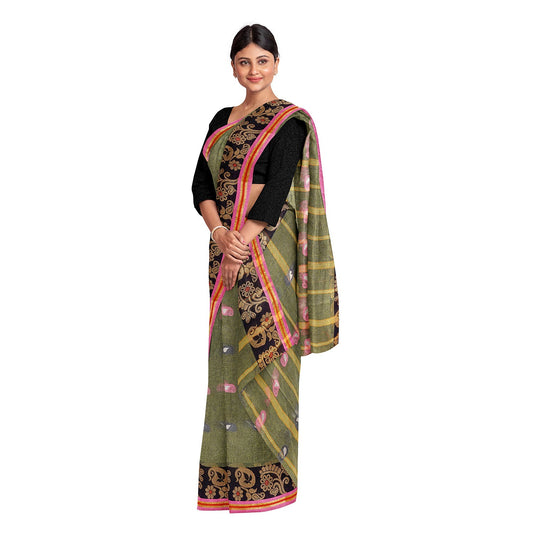 Exclusive Collection 100% Pure Cotton Pesta Tant Saree With Hand Weaving Work - Swadesiicart