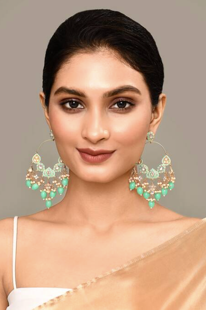 New Stylish Ethnic Partywear Light Green Hoops Kundan Earrings for Womens by House of Ree | Swadesiicart