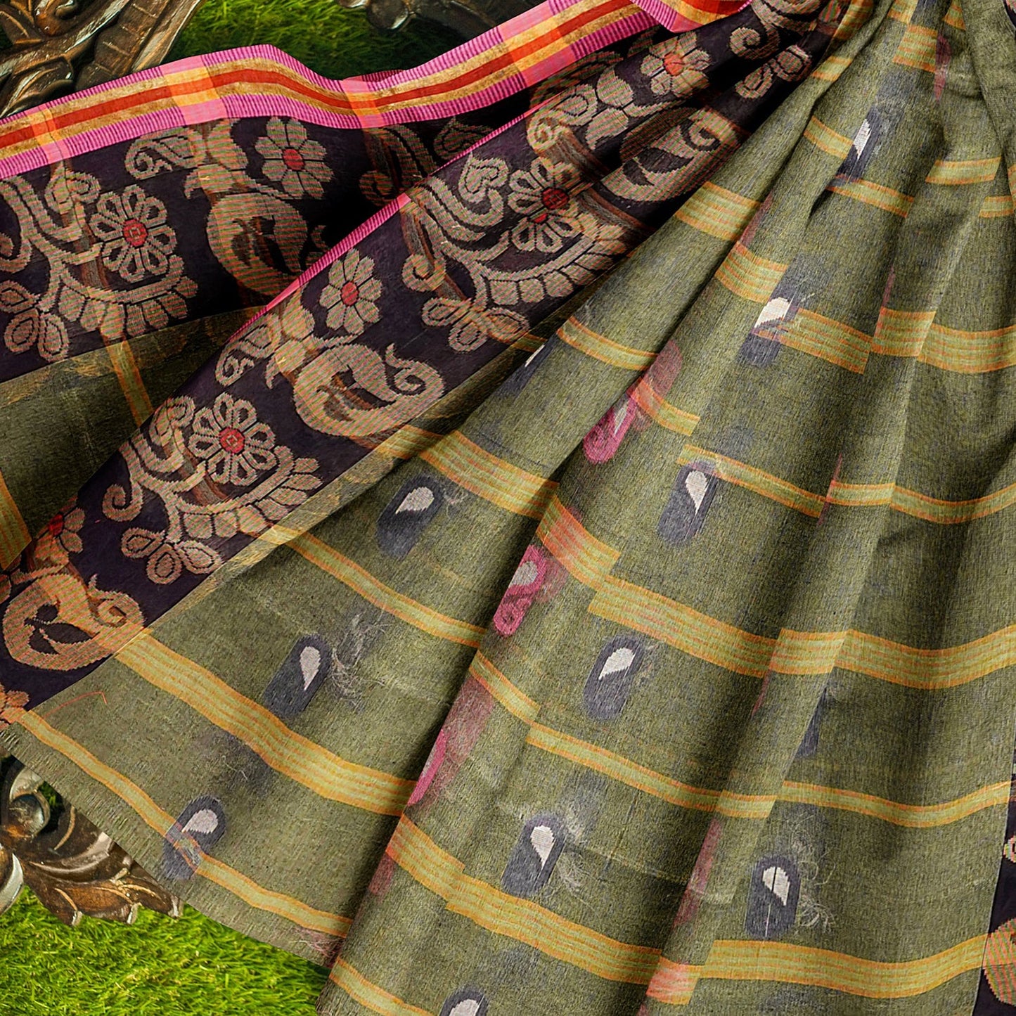 Exclusive Collection 100% Pure Cotton Pesta Tant Saree With Hand Weaving Work - Swadesiicart