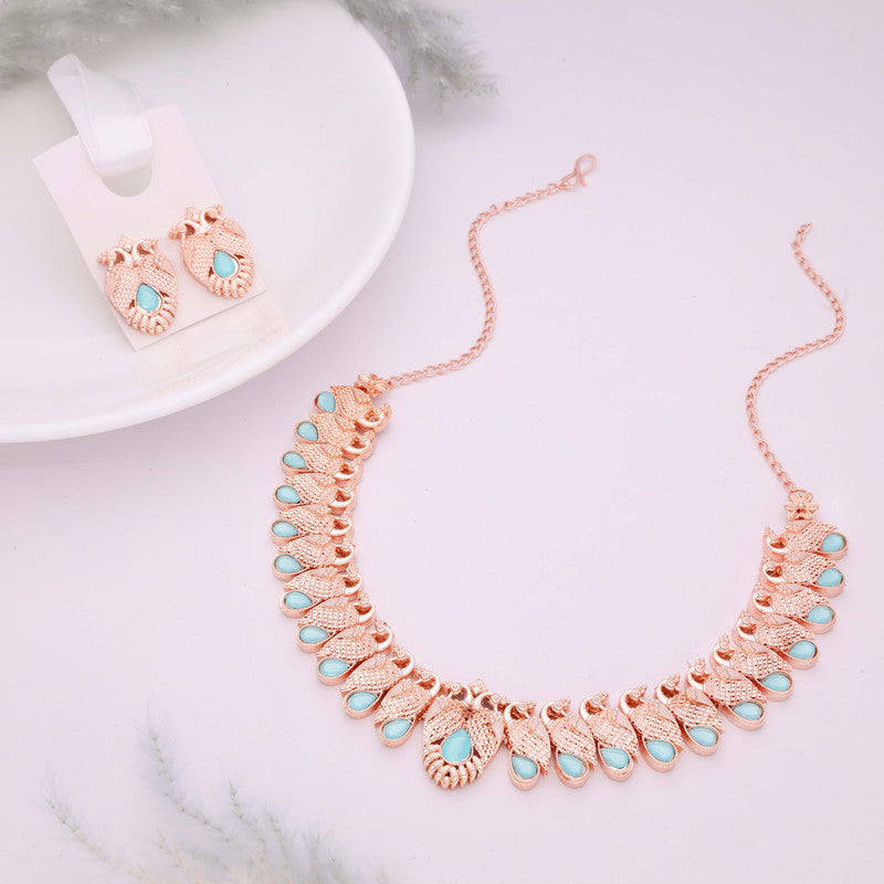 Tehzeeb Creations Rose Gold Sky Blue Colour Necklace With Pair Of Earrings - Swadesiicart