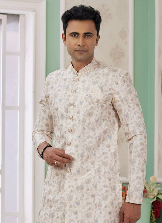 Raivat Ethnic Banarasi Jacquard Embroidery Indo Western Sherwani In Cream Colour | Swadesiicart