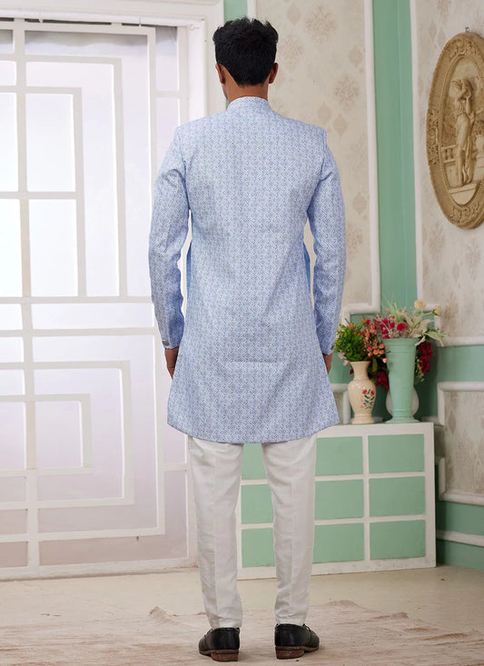 Raivat Ethnic Banarasi Jacquard Embroidery Indo Western Sherwani In Blue Colour | Swadesiicart