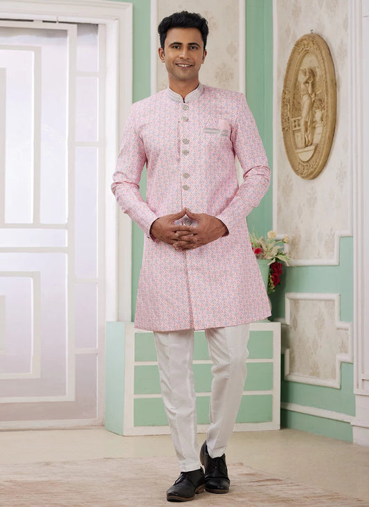 Raivat Ethnic Banarasi Jacquard Embroidery Indo Western Sherwani In Pink Colour | Swadesiicart