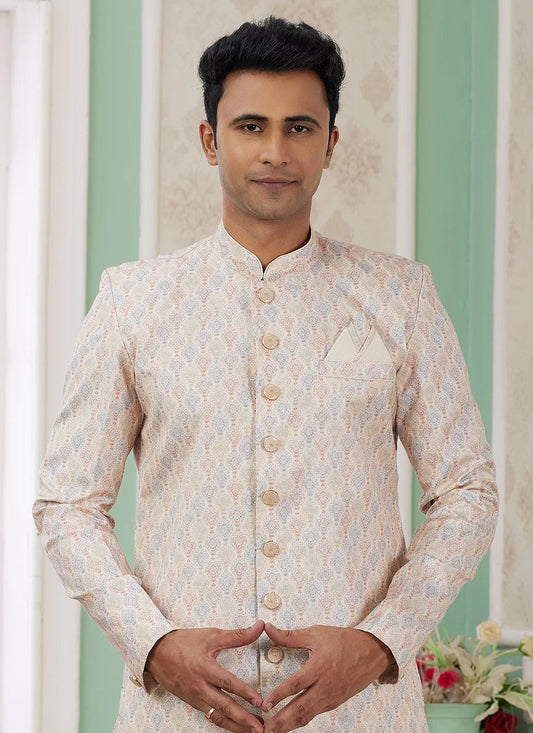 Raivat Ethnic Banarasi Jacquard Embroidery Indo Western Sherwani In Beige Colour | Swadesiicart