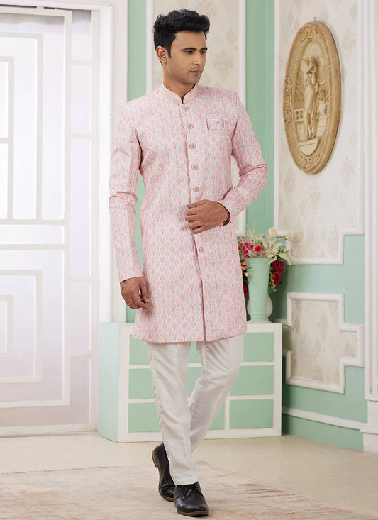 Raivat Ethnic Banarasi Jacquard Embroidery Indo Western Sherwani In Pink Colour | Swadesiicart
