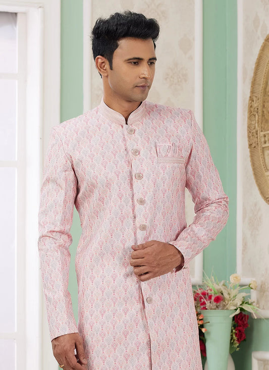 Raivat Ethnic Banarasi Jacquard Embroidery Indo Western Sherwani In Pink Colour | Swadesiicart