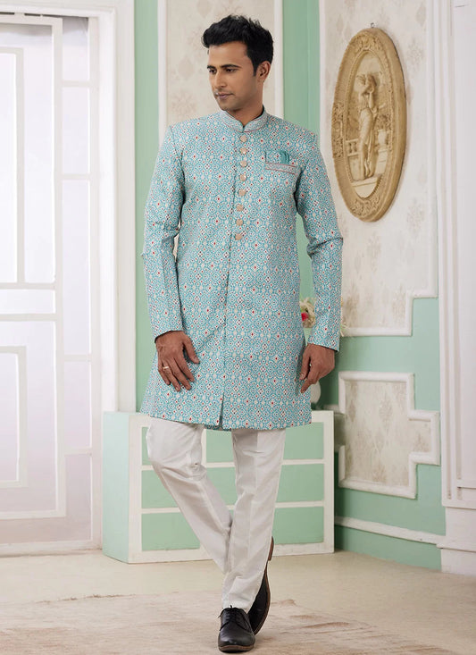 Raivat Ethnic Banarasi Jacquard Embroidery Indo Western Sherwani In Green Colour | Swadesiicart