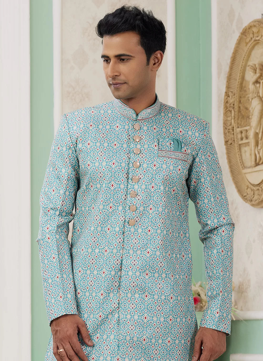 Raivat Ethnic Banarasi Jacquard Embroidery Indo Western Sherwani In Green Colour | Swadesiicart