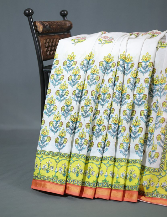 Creame Coloured Combination Printed Cotton Saree By Gayathri Reddy Designer Studio | Swadesiicart