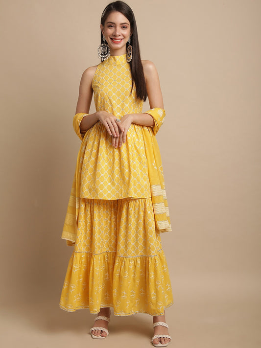 Kalini Ethnic Motifs Printed Pure Cotton A-Line Kurti & Sharara With Dupatta | Swadesiicart