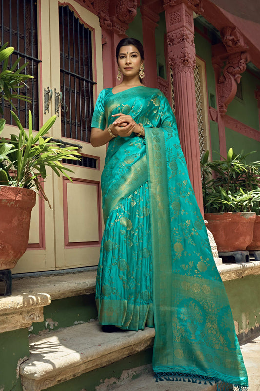 Vardha Turquoise Blue Golden Zari Banarasi Satin Silk Saree | Swadesiicart