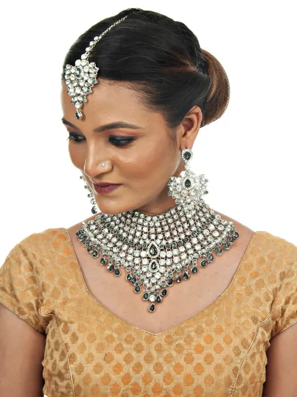Tehzeeb Creations Platinum Plated Silver Polish Stone Mini Bridal Choker Set for Women & Girls | Swadesiicart