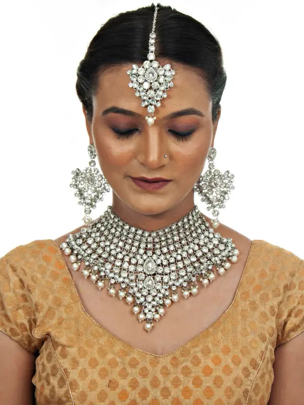 Tehzeeb Creations Platinum Plated Silver Polish Stone Mini Bridal Choker Set for Women & Girls | Swadesiicart