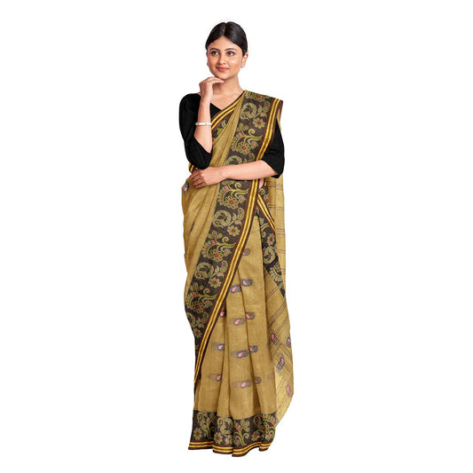 Exclusive Collection 100% Pure Cotton Dark Mustard Tant Saree With Hand Weaving Work - Swadesiicart