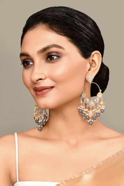 New Stylish Ethnic Partywear Gray Hoops Kundan Earrings for Womens by House of Ree | Swadesiicart