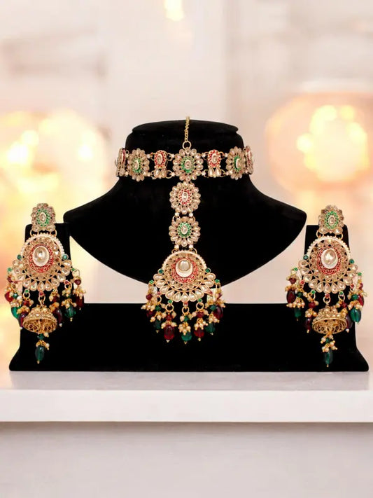 Tehzeeb Creations Traditional Designer Kundan Stone Maroon and Green Meenakari Choker Bridal Set | Swadesiicart