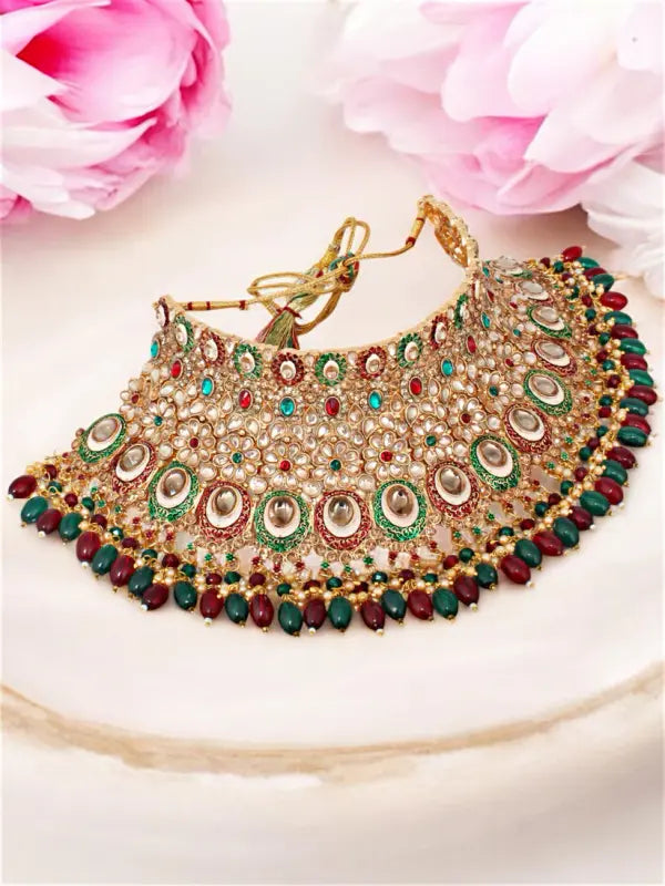 Tehzeeb Creations Traditional Designer Kundan Stone Maroon and Green Meenakari Choker Bridal Set | Swadesiicart
