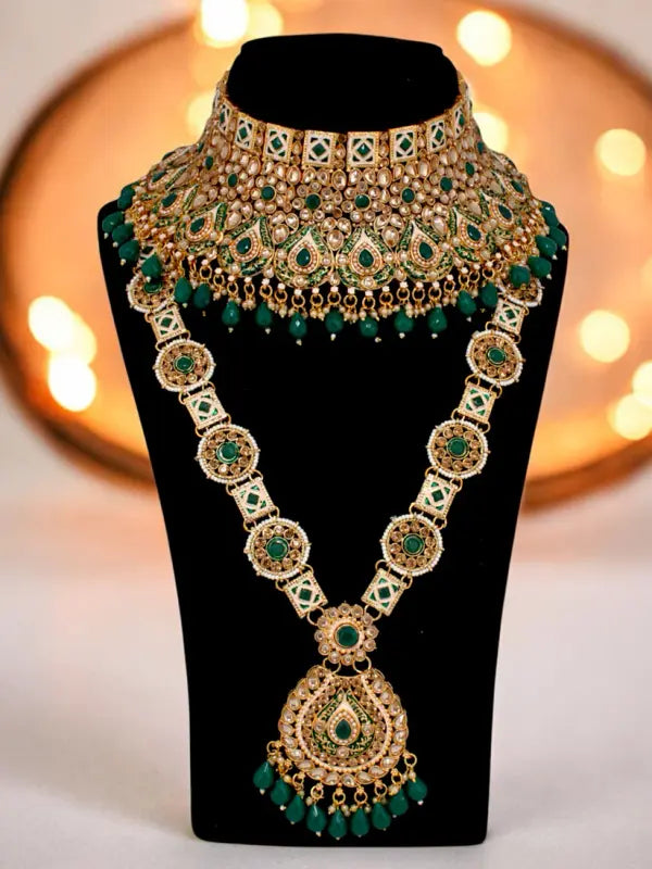 Tehzeeb Creations Traditional Designer Kundan Stone Green Meenakari Choker Bridal Set | Swadesiicart