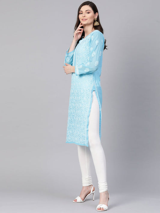 ADA Women Blue & White Chikankari Embroidered Sheer Straight Sustainable Handloom Kurta | Swadesiicart