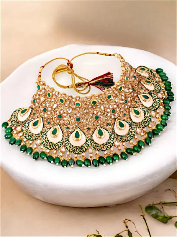 Tehzeeb Creations Traditional Designer Kundan Stone Green Meenakari Choker Bridal Set | Swadesiicart