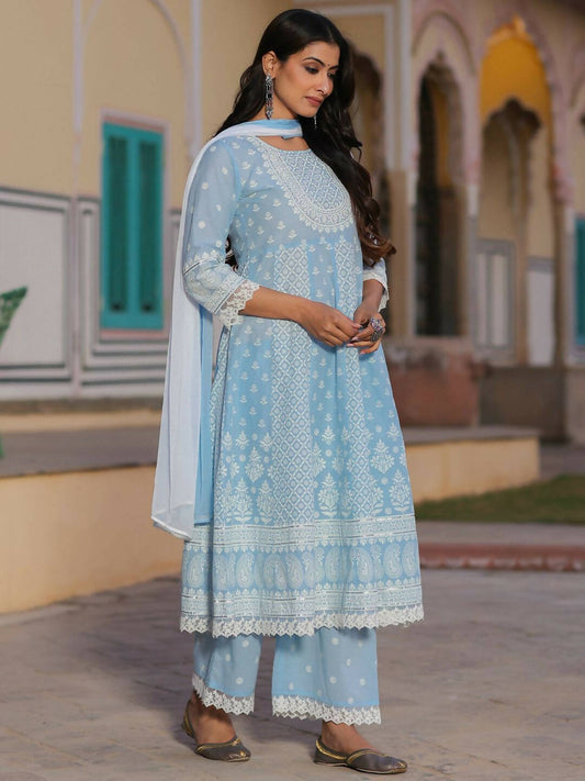 Juniper Women's Powerblue Cambric Floral Printed Anarkali Kurta Sets | Swadesiicart