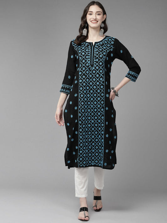 ADA Women Floral Embroidered Cotton Chikankari Kurta | Swadesiicart