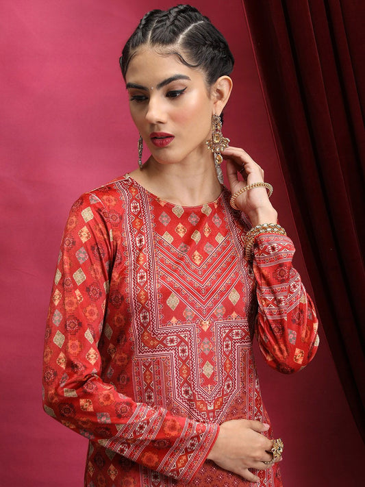 Vishudh Red Ethnic Motifs Printed Neck Straight Kurta - Swadesiicart