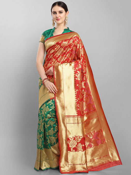 Kalini Red & Green Floral Zari Silk Blend Banarasi Saree | Swadesiicart