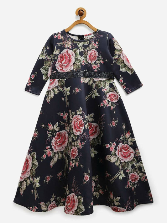 Ahalyaa Navy Blue Digital Print Floral Kids Dress For Girls