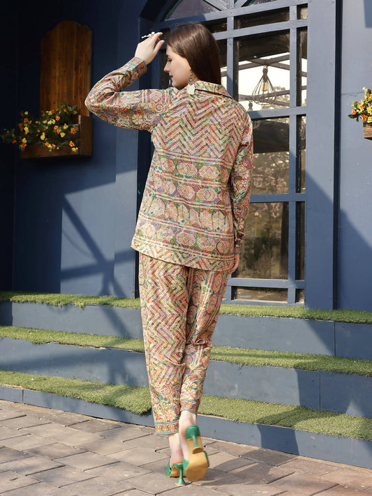 Orange & Green Rayon Paisley & Floral Printed Top with Matching Bottom - Eesha - Swadesiicart