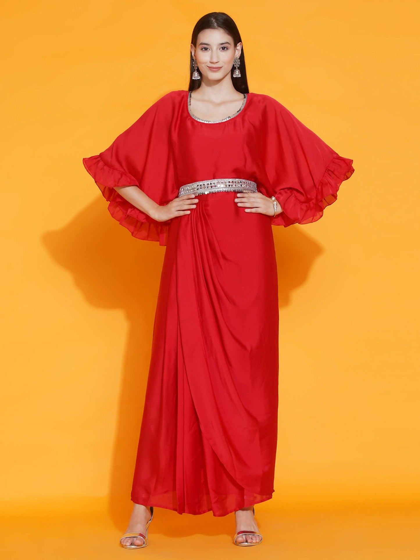 Women Republic Red Georgette Gown With Embellished Belt | Swadesiicart