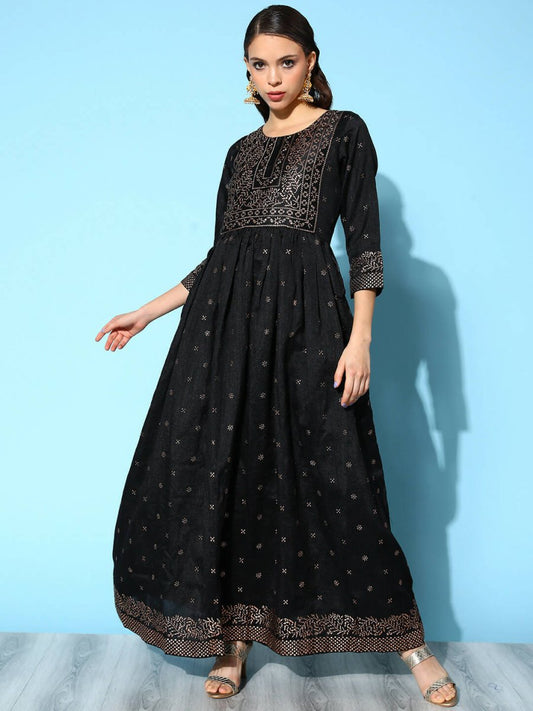 Ahalyaa Women Black Poly Silk Printed Dress | Swadesiicart