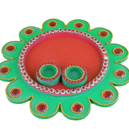 Kundan HandiKrafts Mdf Flower Pooja Thali - Green 01 | Swadesiicart