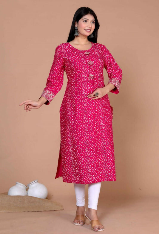 Miravan Women's Plus Size Pink Bandhani Pakistani Straight Kurti - Swadesiicart