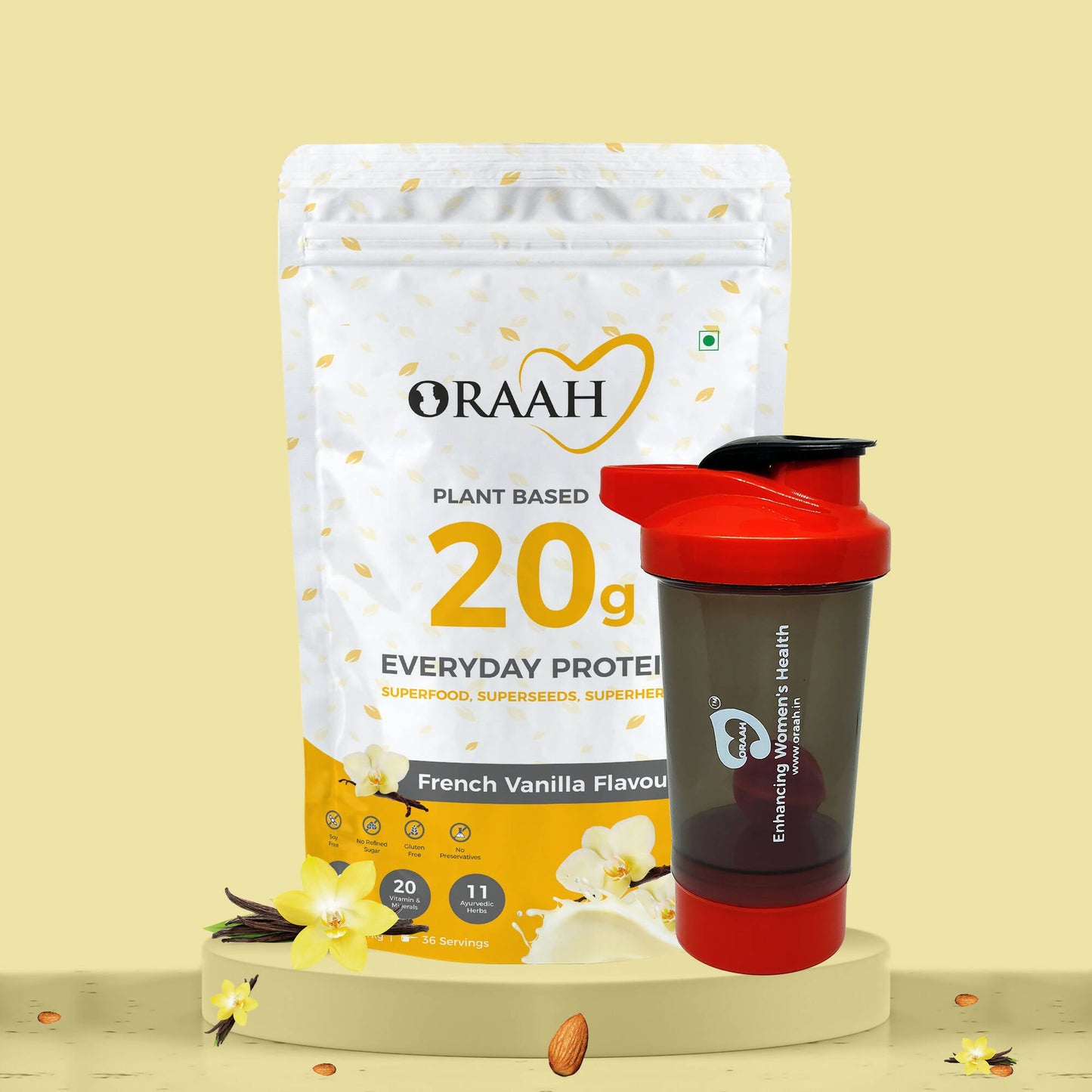 Oraah Plant Based Protein Powder Vanilla Flavor With Shaker | Swadesiicart