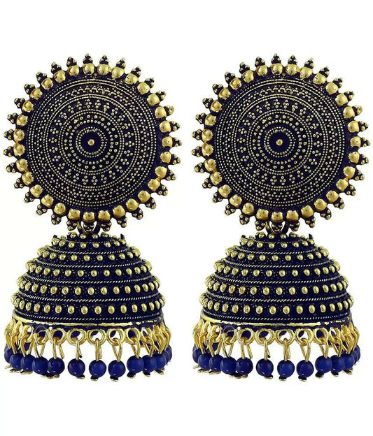Mominos Fashion Joharkamal Gold-Polished Meenakari Jhumkas For Women & Girls (Blue)