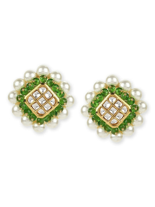 Pearl Kundan Studs with Green Stone Detailing- Ruby Raang
