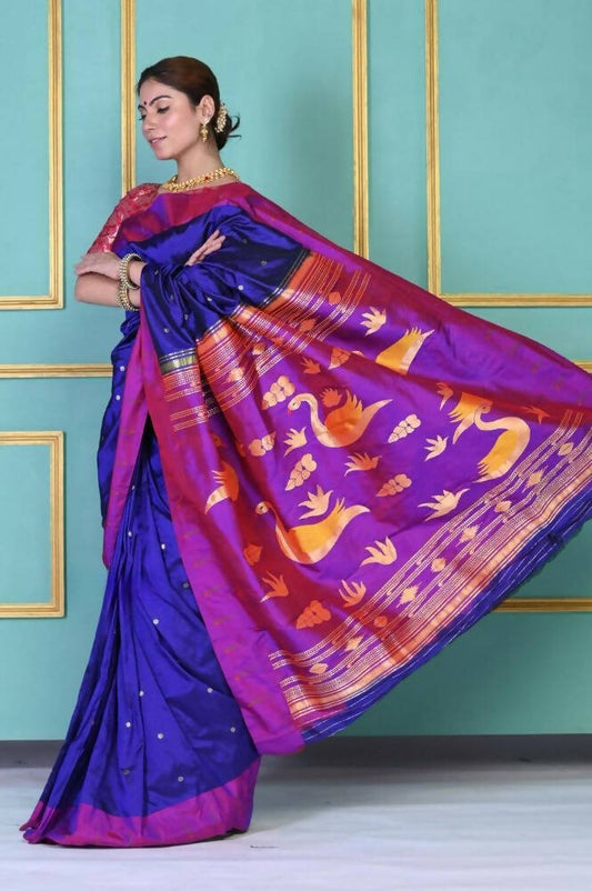 Very Much Indian Handloom Pure Silk Dark Violet Muniya Border Paithani | Swadesiicart