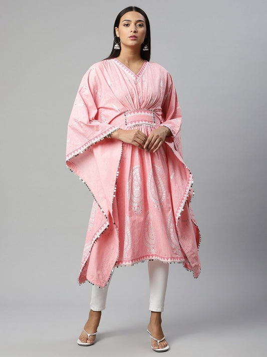 Ahalyaa Women Pink Pure Cotton Printed Kaftan Kurta | Swadesiicart